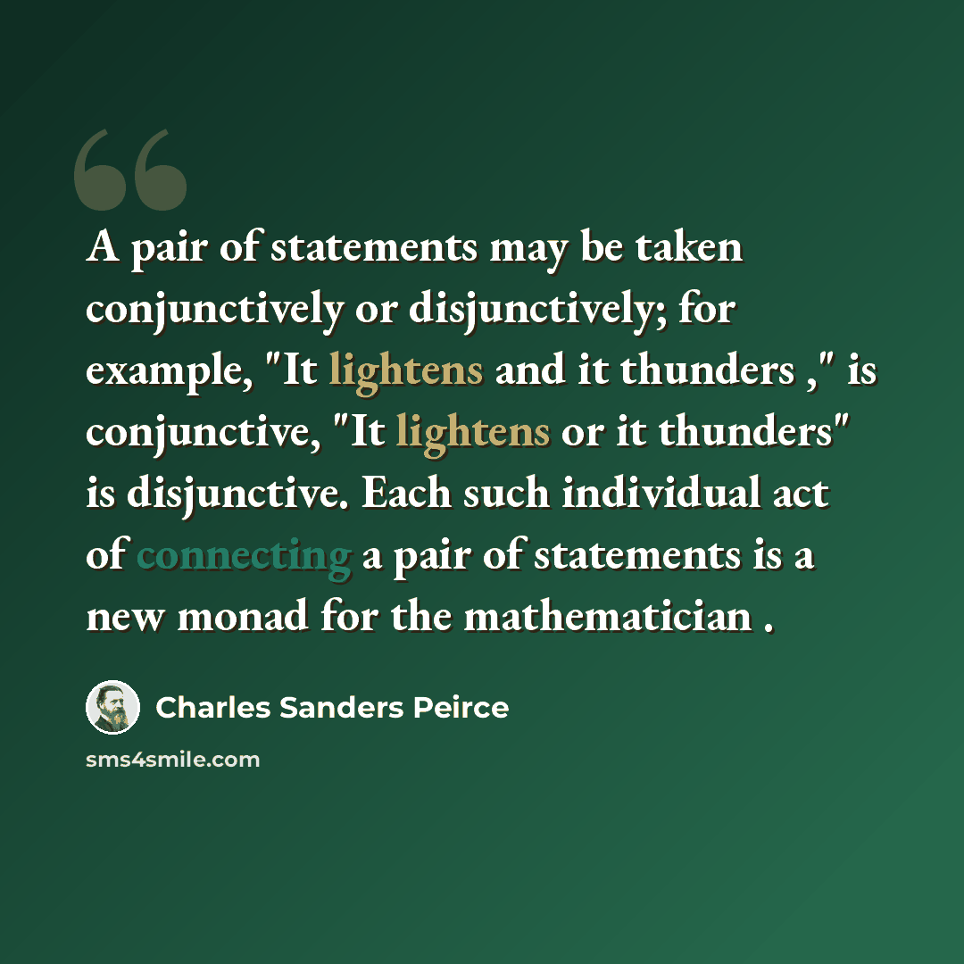 “A pair of statements may be taken conjunctively or disjunctively; for example, "It lightens and it thunders ," is conjunctive, "It lightens or it thunders" is disjunctive. Each such individual act of connecting a pair of statements is a new monad for the mathematician .” quote by Charles Sanders Peirce
