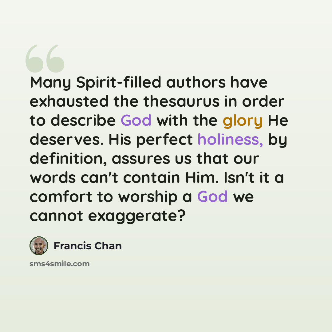 “Many Spirit-filled authors have exhausted the thesaurus in order to describe God with the glory He deserves. His perfect holiness, by definition, assures us that our words can't contain Him. Isn't it a comfort to worship a God we cannot exaggerate?” quote by Francis Chan