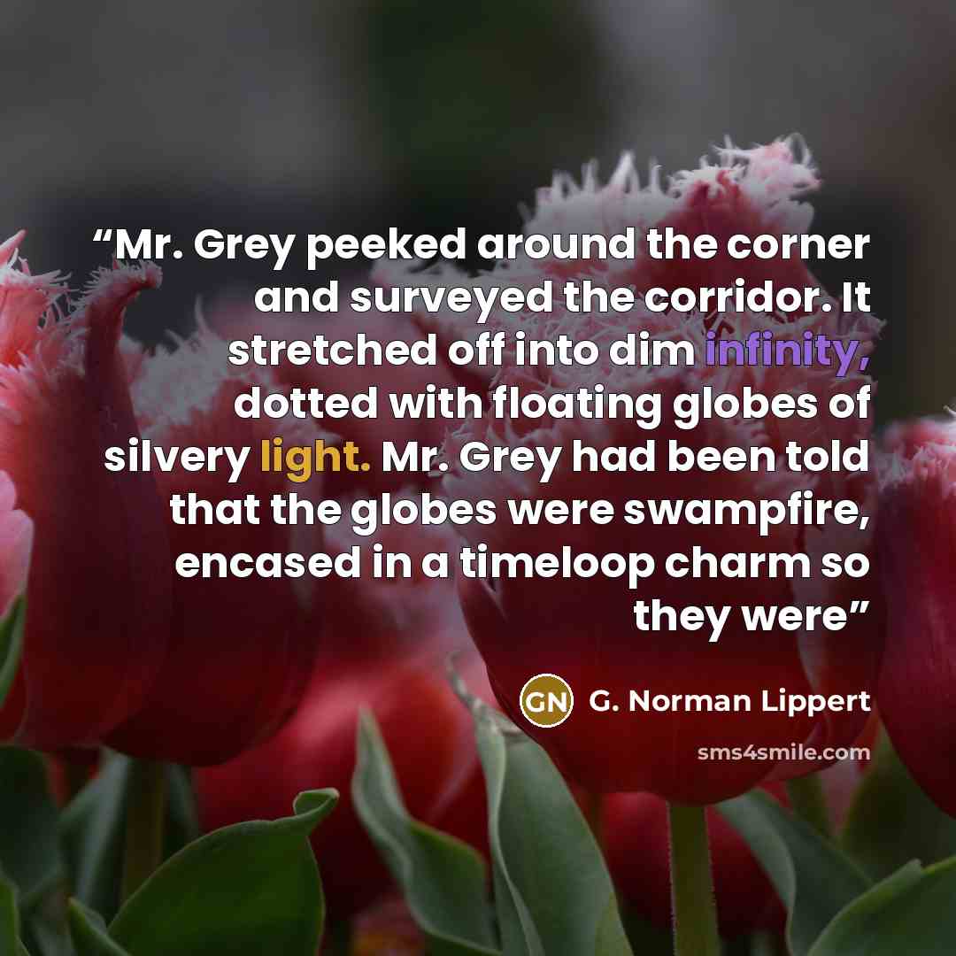 “Mr. Grey peeked around the corner and surveyed the corridor. It stretched off into dim infinity, dotted with floating globes of silvery light. Mr. Grey had been told that the globes were swampfire, encased in a timeloop charm so they were” quote by G. Norman Lippert