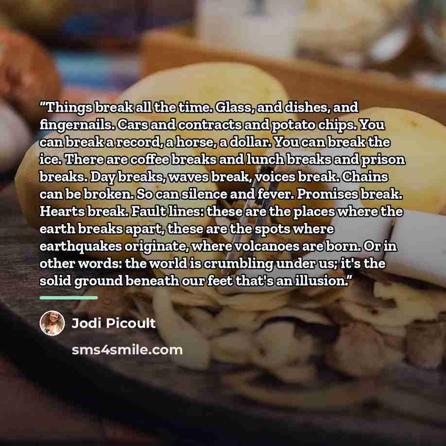 “Things break all the time. Glass, and dishes, and fingernails. Cars and contracts and potato chips. You can break a record, a horse, a dollar. You can break the ice. There are coffee breaks and lunch breaks and prison breaks. Day breaks, waves break, voices break. Chains can be broken. So can…” quote by Jodi Picoult