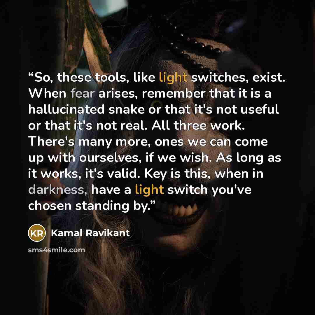 “So, these tools, like light switches, exist. When fear arises, remember that it is a hallucinated snake or that it's not useful or that it's not real. All three work. There's many more, ones we can come up with ourselves, if we wish. As long as it works, it's valid. Key is this, when in darkness…” quote by Kamal Ravikant