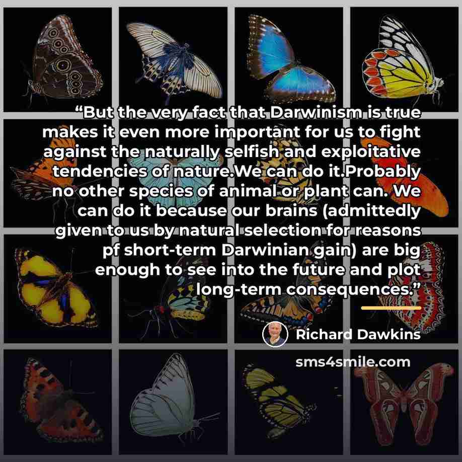 “But the very fact that Darwinism is true makes it even more important for us to fight against the naturally selfish and exploitative tendencies of nature.We can do it.Probably no other species of animal or plant can. We can do it because our brains (admittedly given to us by natural selection for…” quote by Richard Dawkins