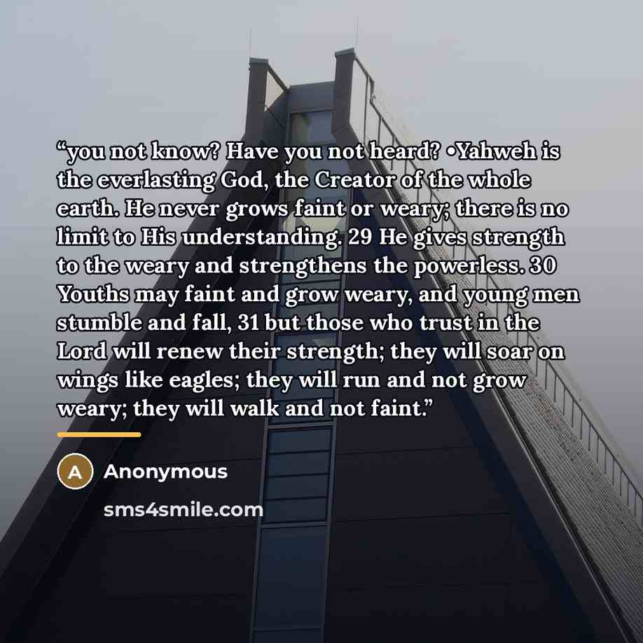 “you not know? Have you not heard? •Yahweh is the everlasting God, the Creator of the whole earth. He never grows faint or weary; there is no limit to His understanding. 29 He gives strength to the weary and strengthens the powerless. 30 Youths may faint and grow weary, and young men stumble and…” quote by Anonymous