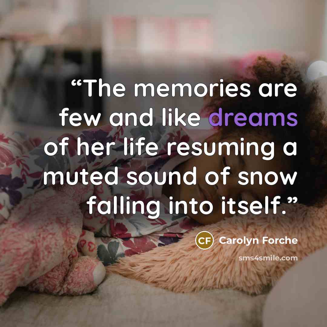 “The memories are few and like dreams of her life resuming a muted sound of snow falling into itself.” quote by Carolyn Forché
