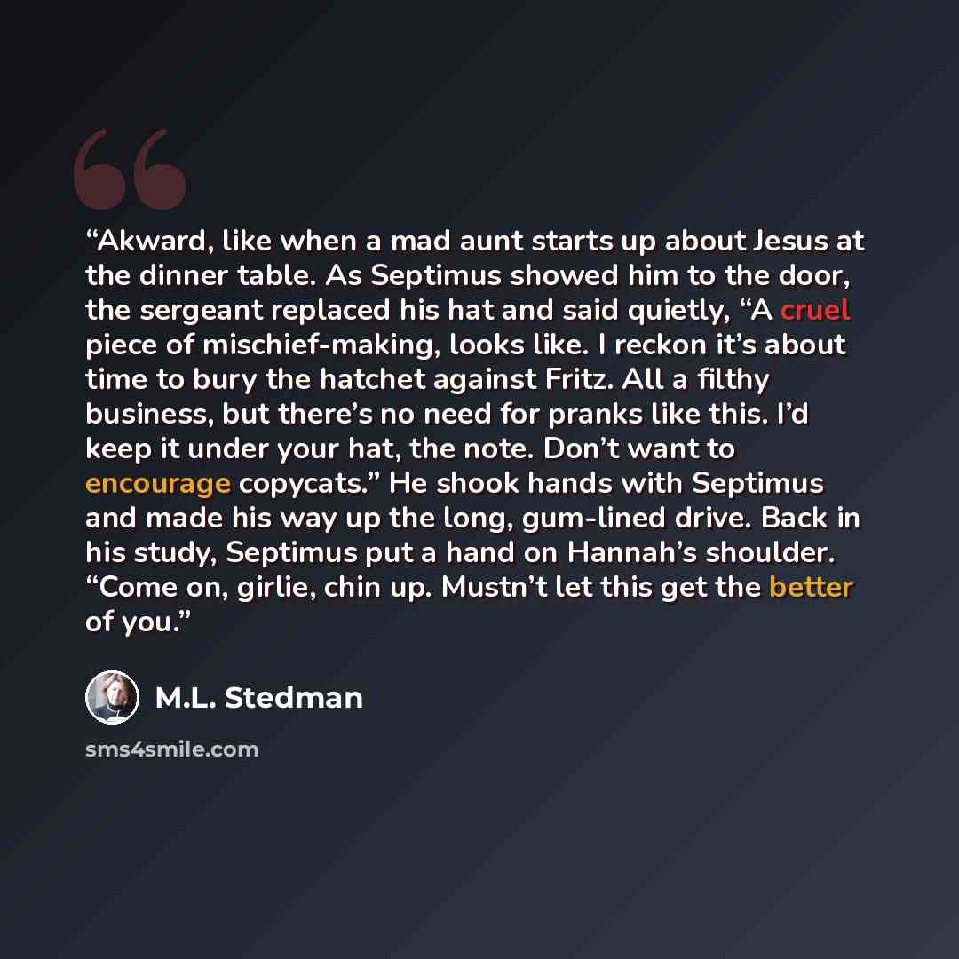 “Akward, like when a mad aunt starts up about Jesus at the dinner table. As Septimus showed him to the door, the sergeant replaced his hat and said quietly, “A cruel piece of mischief-making, looks like. I reckon it’s about time to bury the hatchet against Fritz. All a filthy business, but there’s…” quote by M.L. Stedman