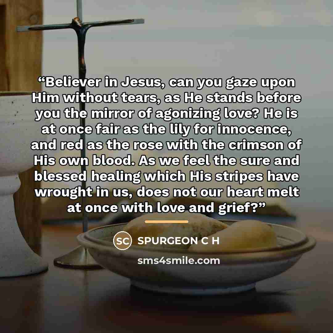 “Believer in Jesus, can you gaze upon Him without tears, as He stands before you the mirror of agonizing love? He is at once fair as the lily for innocence, and red as the rose with the crimson of His own blood. As we feel the sure and blessed healing which His stripes have wrought in us, does not…” quote by SPURGEON C H