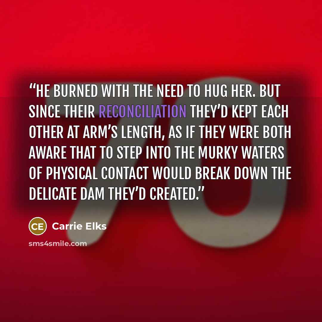 “He burned with the need to hug her. But since their reconciliation they’d kept each other at arm’s length, as if they were both aware that to step into the murky waters of physical contact would break down the delicate dam they’d created.” quote by Carrie Elks