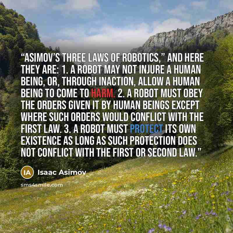 “Asimov’s Three Laws of Robotics,” and here they are: 1. A robot may not injure a human being, or, through inaction, allow a human being to come to harm. 2. A robot must obey the orders given it by human beings except where such orders would conflict with the First Law. 3. A robot must protect its…” quote by Isaac Asimov