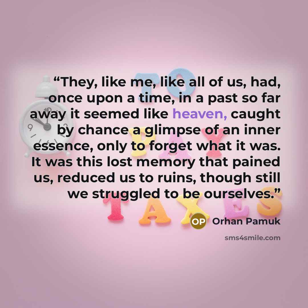 “They, like me, like all of us, had, once upon a time, in a past so far away it seemed like heaven, caught by chance a glimpse of an inner essence, only to forget what it was. It was this lost memory that pained us, reduced us to ruins, though still we struggled to be ourselves.” quote by Orhan Pamuk