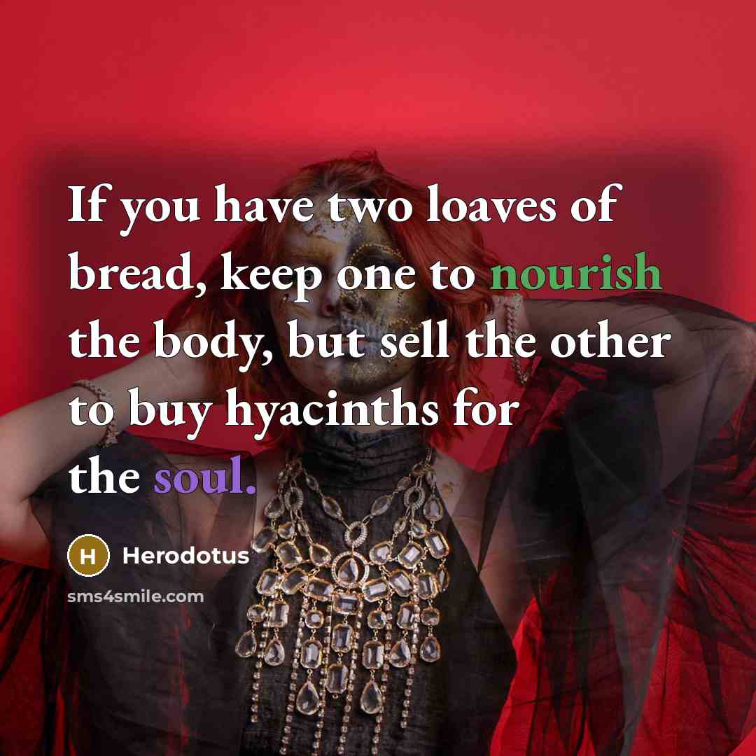 “If you have two loaves of bread, keep one to nourish the body, but sell the other to buy hyacinths for the soul.” quote by Herodotus