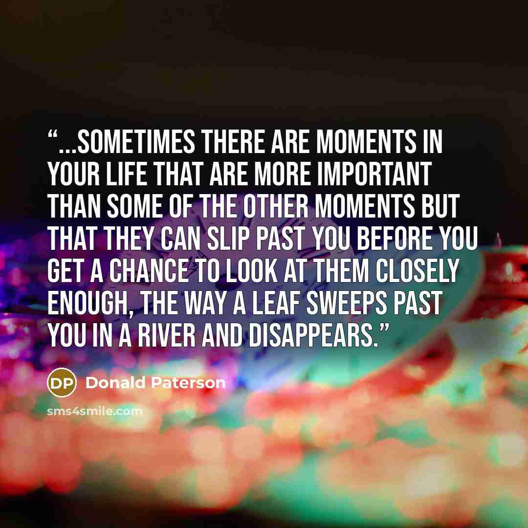 “...sometimes there are moments in your life that are more important than some of the other moments but that they can slip past you before you get a chance to look at them closely enough, the way a leaf sweeps past you in a river and disappears.” quote by Donald Paterson