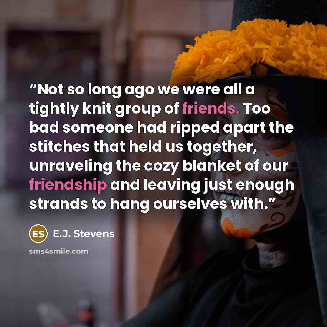 “Not so long ago we were all a tightly knit group of friends. Too bad someone had ripped apart the stitches that held us together, unraveling the cozy blanket of our friendship and leaving just enough strands to hang ourselves with.” quote by E.J. Stevens