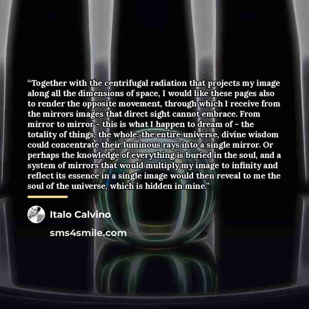 “Together with the centrifugal radiation that projects my image along all the dimensions of space, I would like these pages also to render the opposite movement, through which I receive from the mirrors images that direct sight cannot embrace. From mirror to mirror - this is what I happen to dream…” quote by Italo Calvino