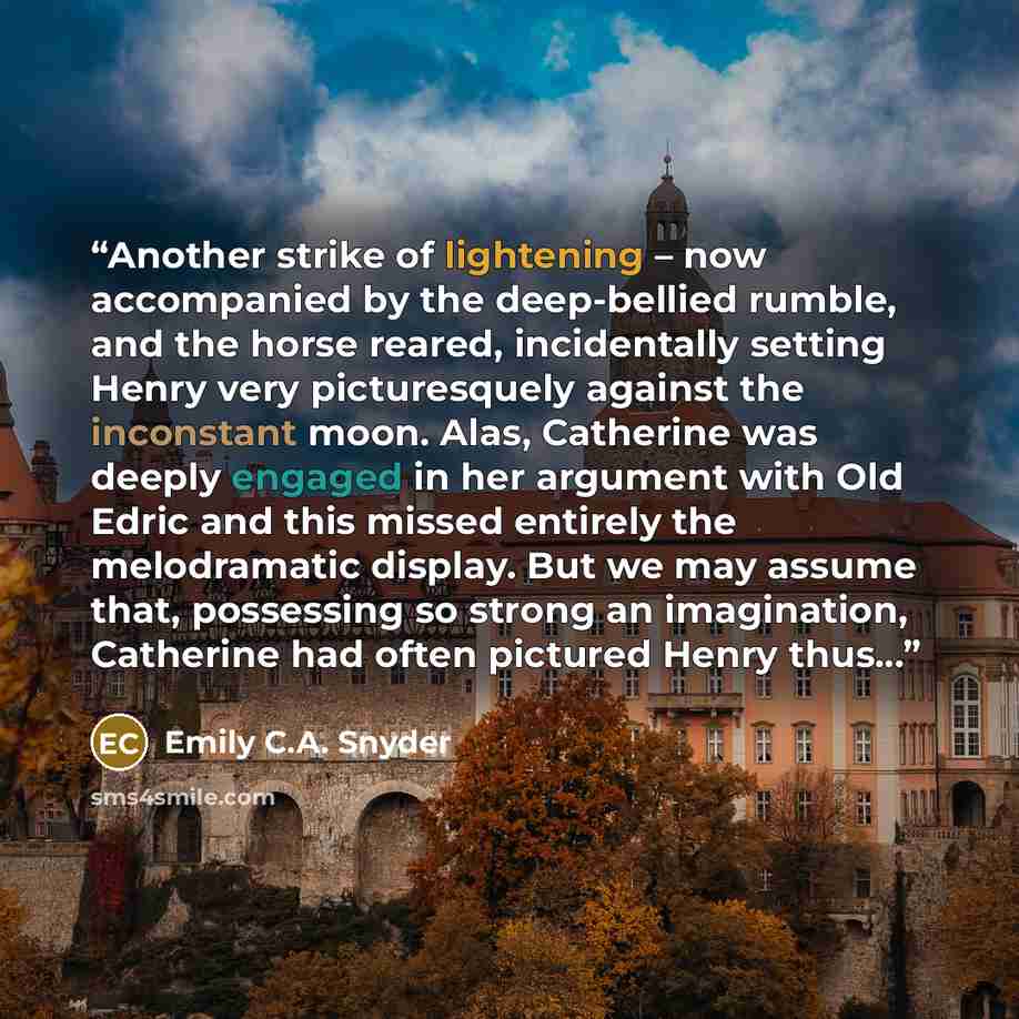 “Another strike of lightening – now accompanied by the deep-bellied rumble, and the horse reared, incidentally setting Henry very picturesquely against the inconstant moon. Alas, Catherine was deeply engaged in her argument with Old Edric and this missed entirely the melodramatic display. But we…” quote by Emily C.A. Snyder