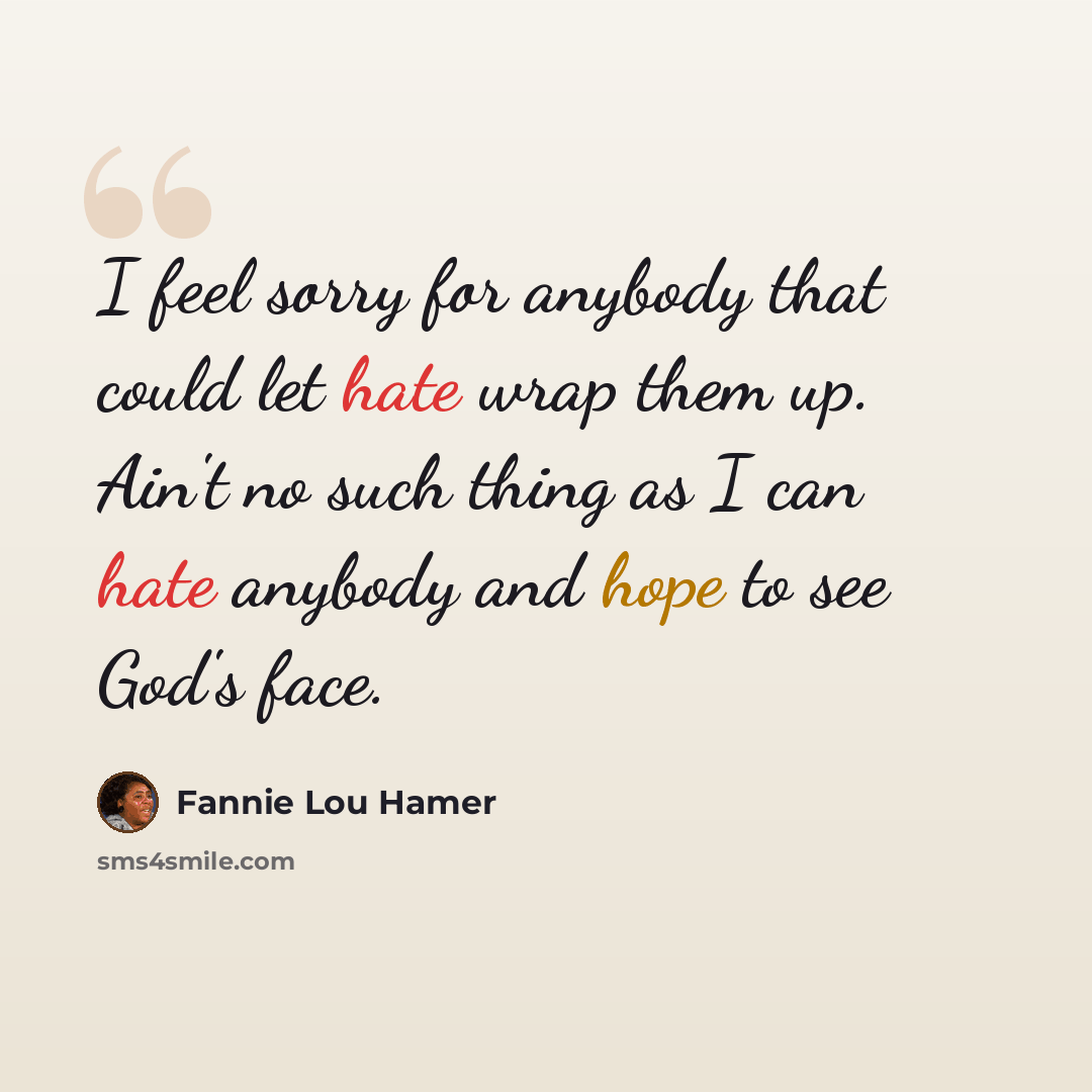 “I feel sorry for anybody that could let hate wrap them up. Ain't no such thing as I can hate anybody and hope to see God's face.” quote by Fannie Lou Hamer