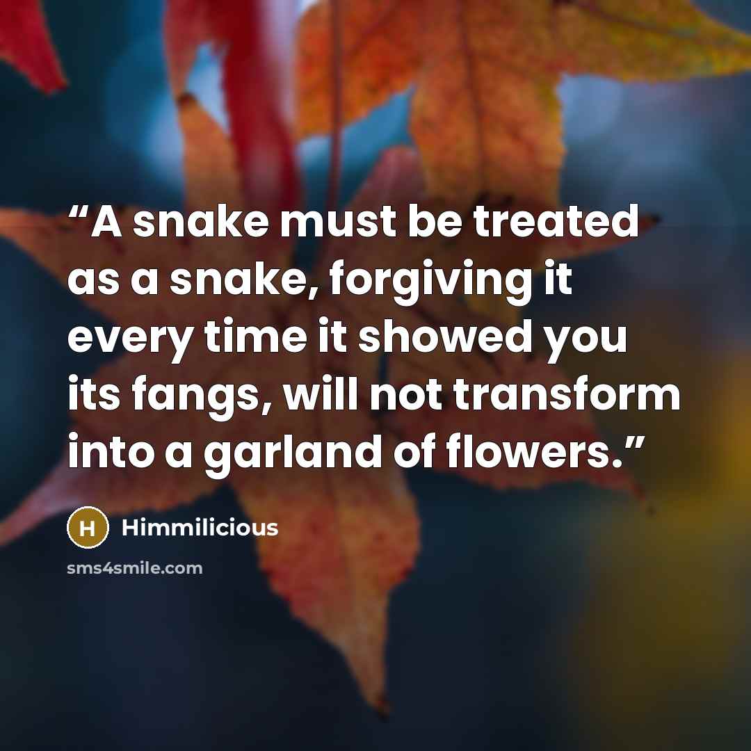 “A snake must be treated as a snake, forgiving it every time it showed you its fangs, will not transform into a garland of flowers.” quote by Himmilicious