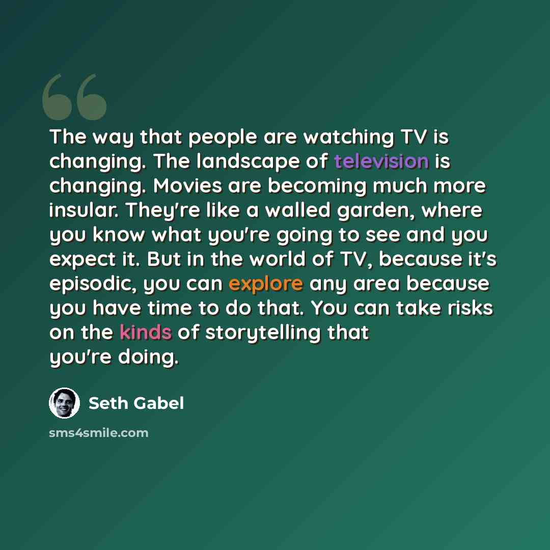 “The way that people are watching TV is changing. The landscape of television is changing. Movies are becoming much more insular. They're like a walled garden, where you know what you're going to see and you expect it. But in the world of TV, because it's episodic, you can explore any area because…” quote by Seth Gabel