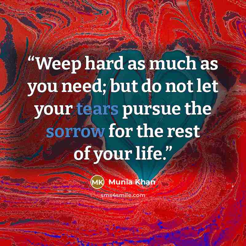 “Weep hard as much as you need; but do not let your tears pursue the sorrow for the rest of your life.” quote by Munia Khan