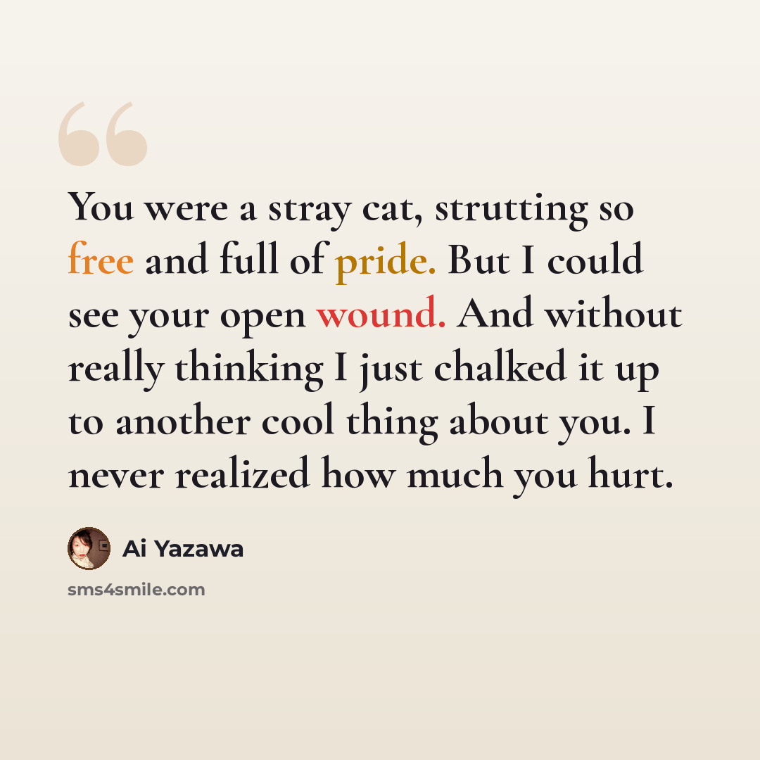 “You were a stray cat, strutting so free and full of pride. But I could see your open wound. And without really thinking I just chalked it up to another cool thing about you. I never realized how much you hurt.” quote by Ai Yazawa