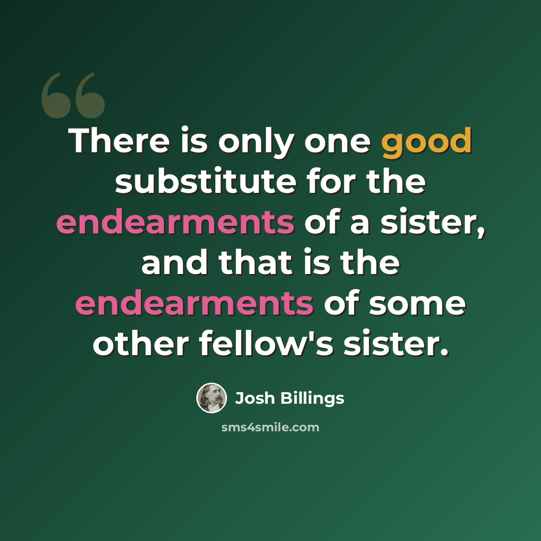 “There is only one good substitute for the endearments of a sister, and that is the endearments of some other fellow's sister.” quote by Josh Billings