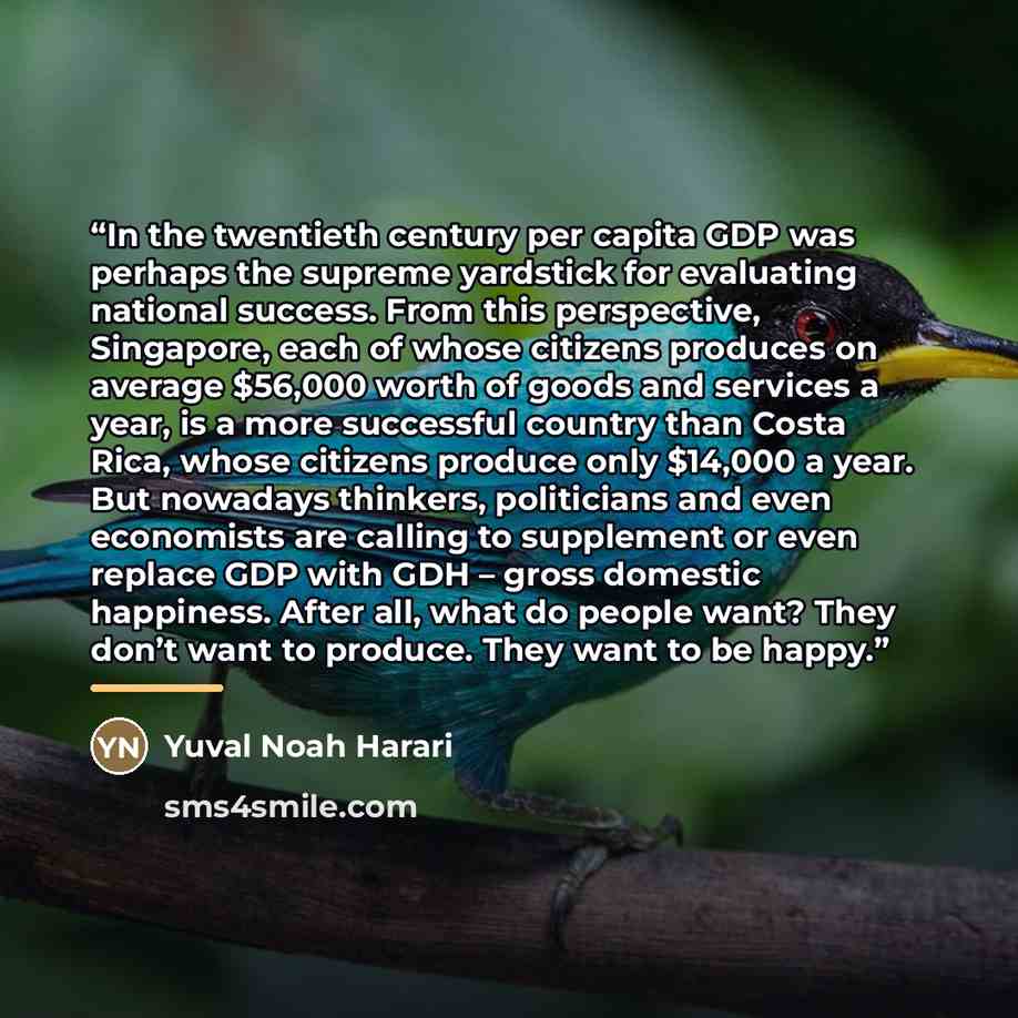 “In the twentieth century per capita GDP was perhaps the supreme yardstick for evaluating national success. From this perspective, Singapore, each of whose citizens produces on average $56,000 worth of goods and services a year, is a more successful country than Costa Rica, whose citizens produce…” quote by Yuval Noah Harari