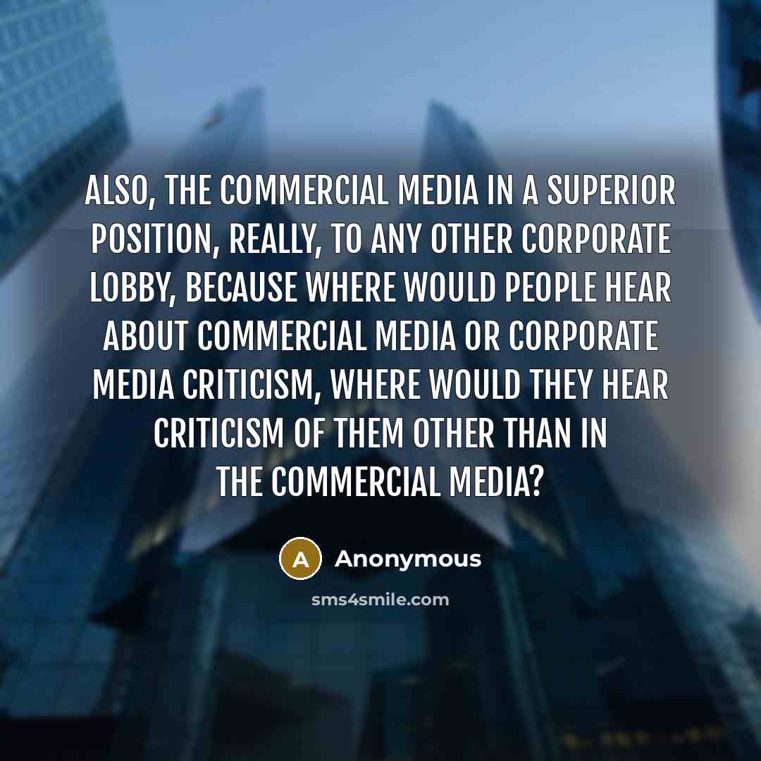 “Also, the commercial media in a superior position, really, to any other corporate lobby, because where would people hear about commercial media or corporate media criticism, where would they hear criticism of them other than in the commercial media?” quote by Anonymous