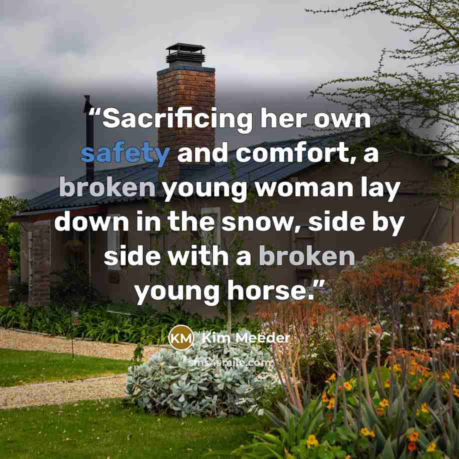 “Sacrificing her own safety and comfort, a broken young woman lay down in the snow, side by side with a broken young horse.” quote by Kim Meeder