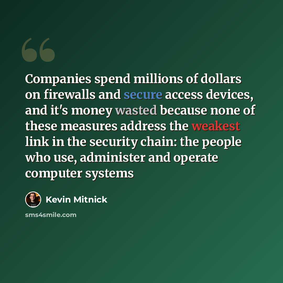 “Companies spend millions of dollars on firewalls and secure access devices, and it's money wasted because none of these measures address the weakest link in the security chain: the people who use, administer and operate computer systems” quote by Kevin Mitnick
