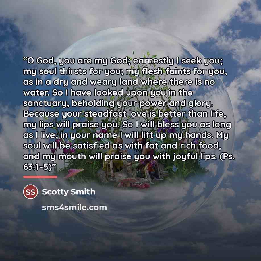 “O God, you are my God; earnestly I seek you; my soul thirsts for you; my flesh faints for you, as in a dry and weary land where there is no water. So I have looked upon you in the sanctuary, beholding your power and glory. Because your steadfast love is better than life, my lips will praise you…” quote by Scotty Smith