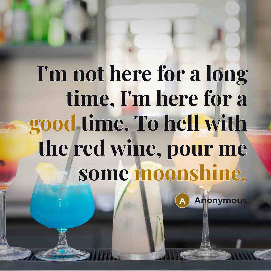 “I'm not here for a long time, I'm here for a good time. To hell with the red wine, pour me some moonshine,” quote by Anonymous