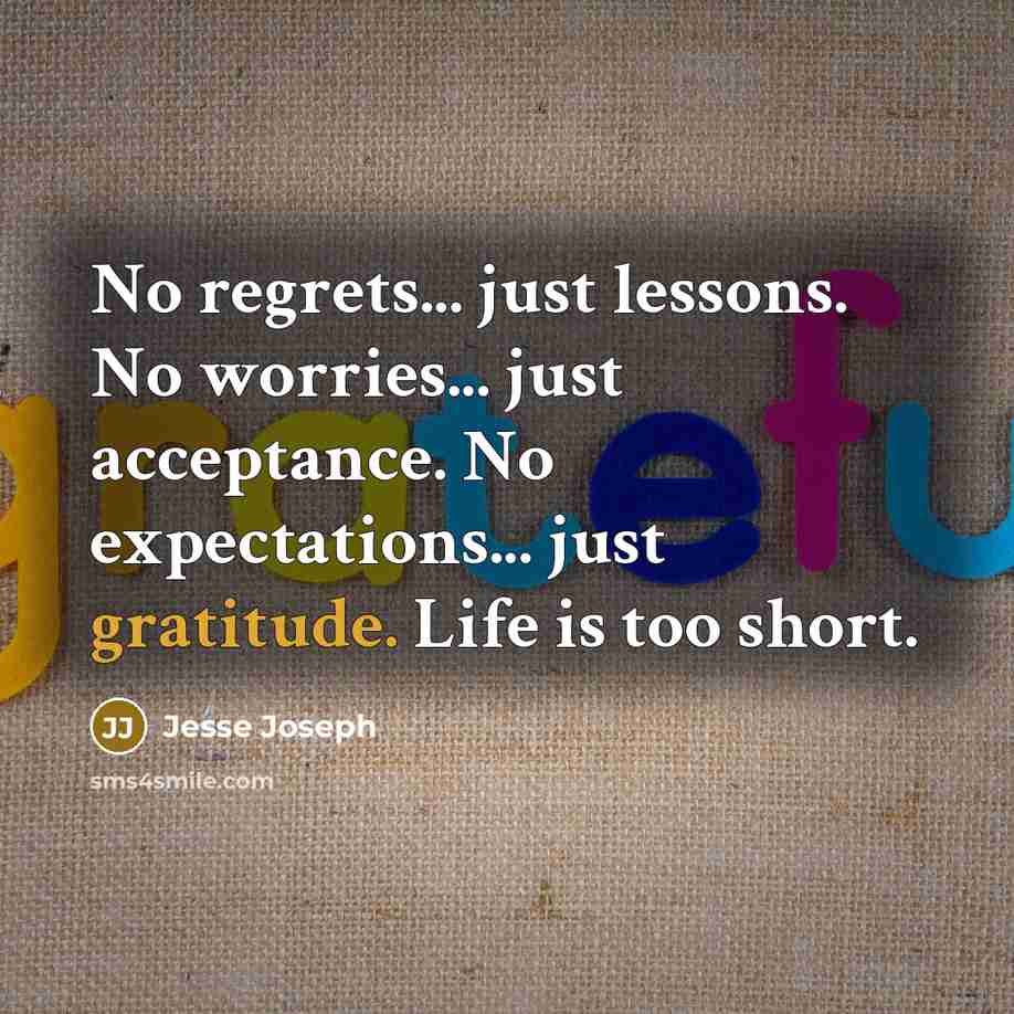“No regrets... just lessons. No worries... just acceptance. No expectations... just gratitude. Life is too short.” quote by Jesse Joseph