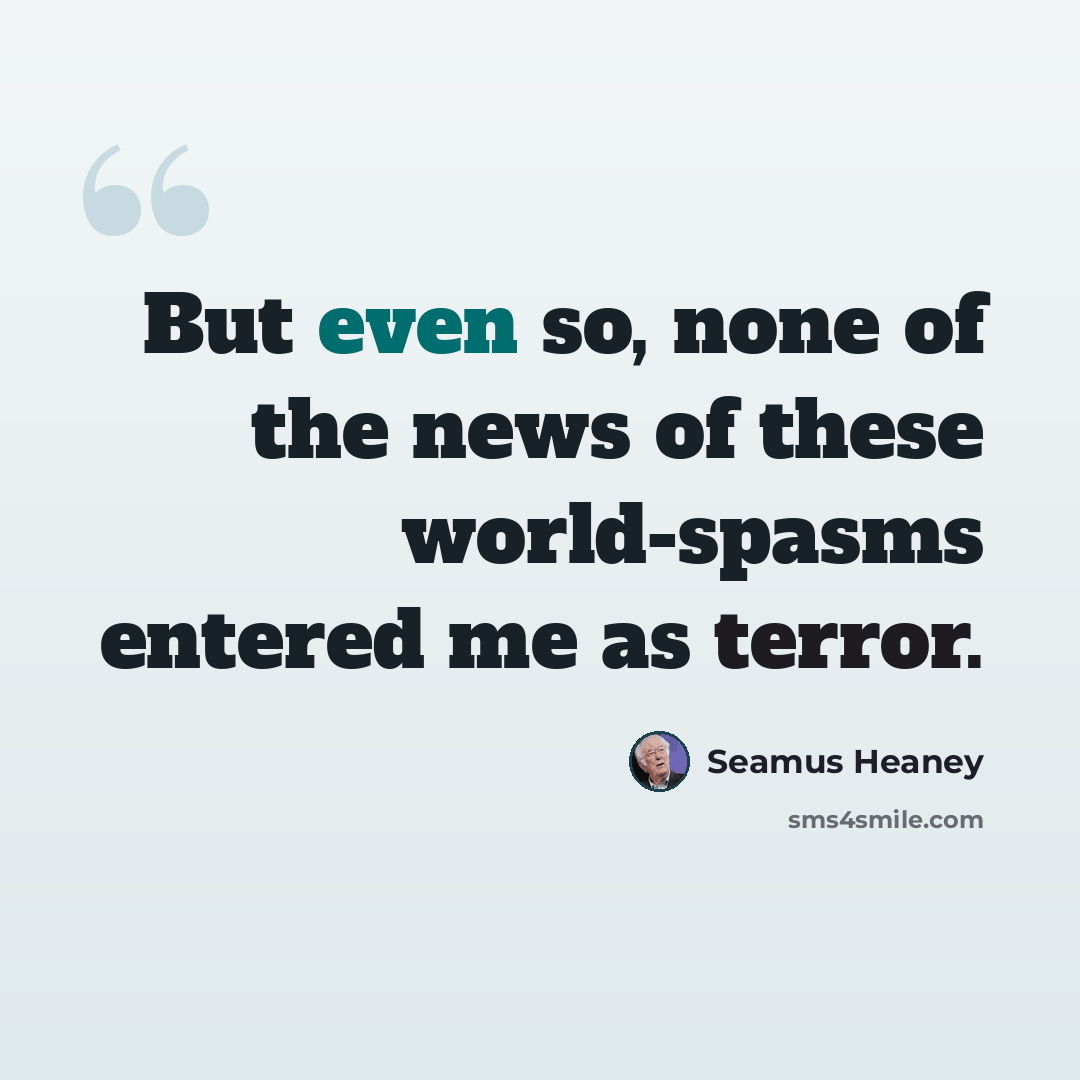 “But even so, none of the news of these world-spasms entered me as terror.” quote by Seamus Heaney