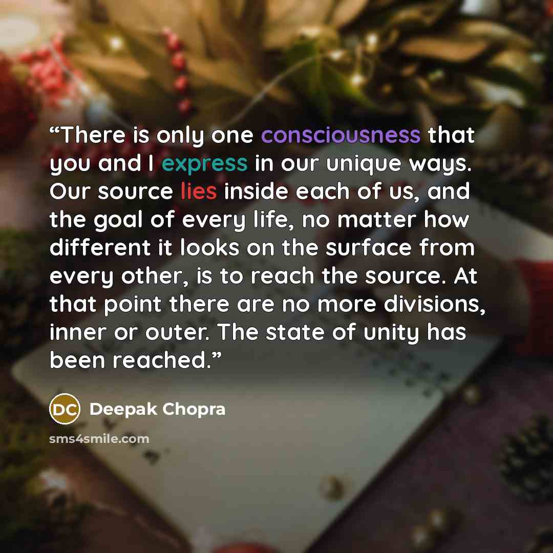 “There is only one consciousness that you and I express in our unique ways. Our source lies inside each of us, and the goal of every life, no matter how different it looks on the surface from every other, is to reach the source. At that point there are no more divisions, inner or outer. The state…” quote by Deepak Chopra