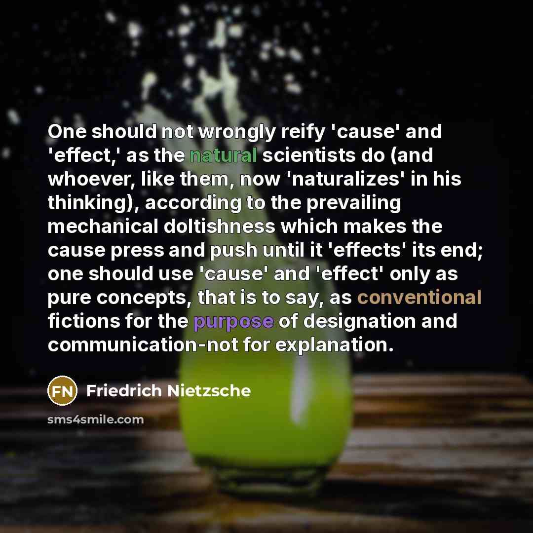 “One should not wrongly reify 'cause' and 'effect,' as the natural scientists do (and whoever, like them, now 'naturalizes' in his thinking), according to the prevailing mechanical doltishness which makes the cause press and push until it 'effects' its end; one should use 'cause' and 'effect' only…” quote by Friedrich Nietzsche