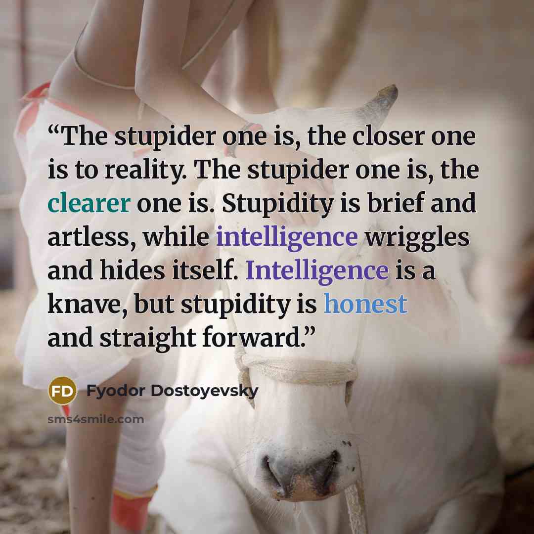 “The stupider one is, the closer one is to reality. The stupider one is, the clearer one is. Stupidity is brief and artless, while intelligence wriggles and hides itself. Intelligence is a knave, but stupidity is honest and straight forward.” quote by Fyodor Dostoyevsky