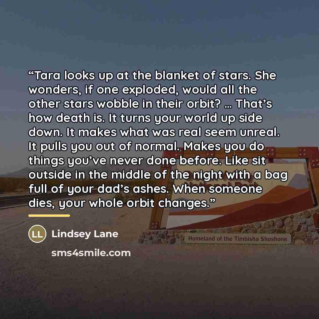 “Tara looks up at the blanket of stars. She wonders, if one exploded, would all the other stars wobble in their orbit? … That’s how death is. It turns your world up side down. It makes what was real seem unreal. It pulls you out of normal. Makes you do things you’ve never done before. Like sit…” quote by Lindsey Lane