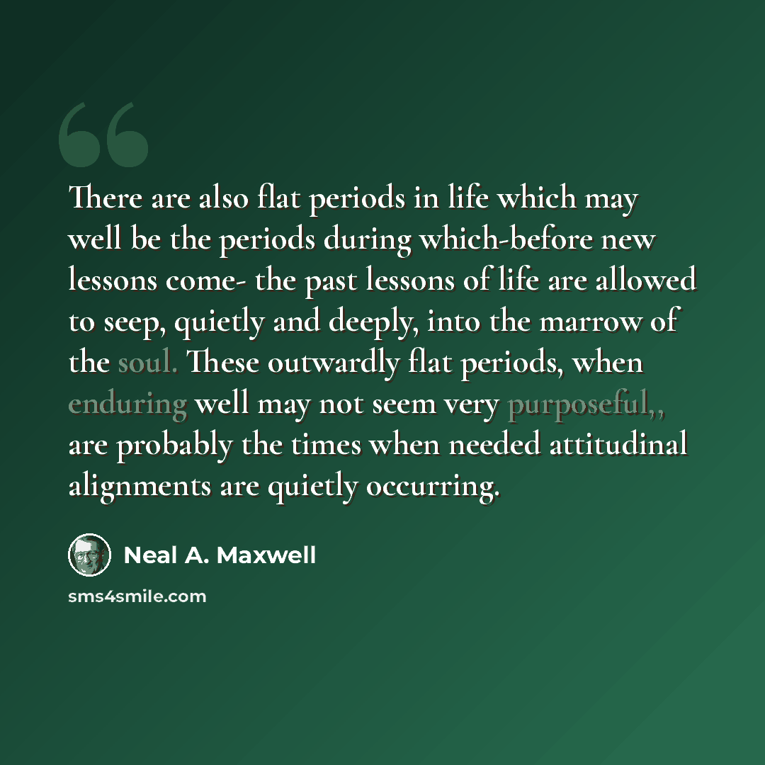 “There are also flat periods in life which may well be the periods during which-before new lessons come- the past lessons of life are allowed to seep, quietly and deeply, into the marrow of the soul. These outwardly flat periods, when enduring well may not seem very purposeful,, are probably the…” quote by Neal A. Maxwell
