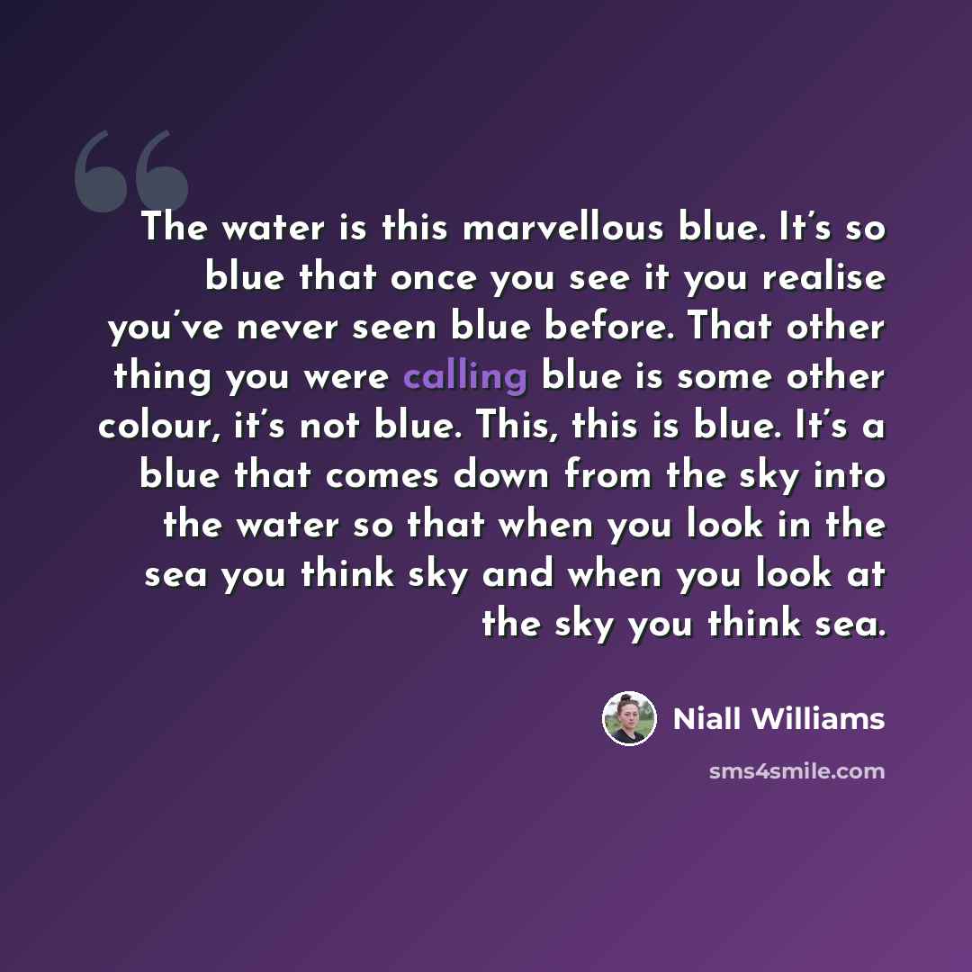 “The water is this marvellous blue. It’s so blue that once you see it you realise you’ve never seen blue before. That other thing you were calling blue is some other colour, it’s not blue. This, this is blue. It’s a blue that comes down from the sky into the water so that when you look in the sea…” quote by Niall Williams