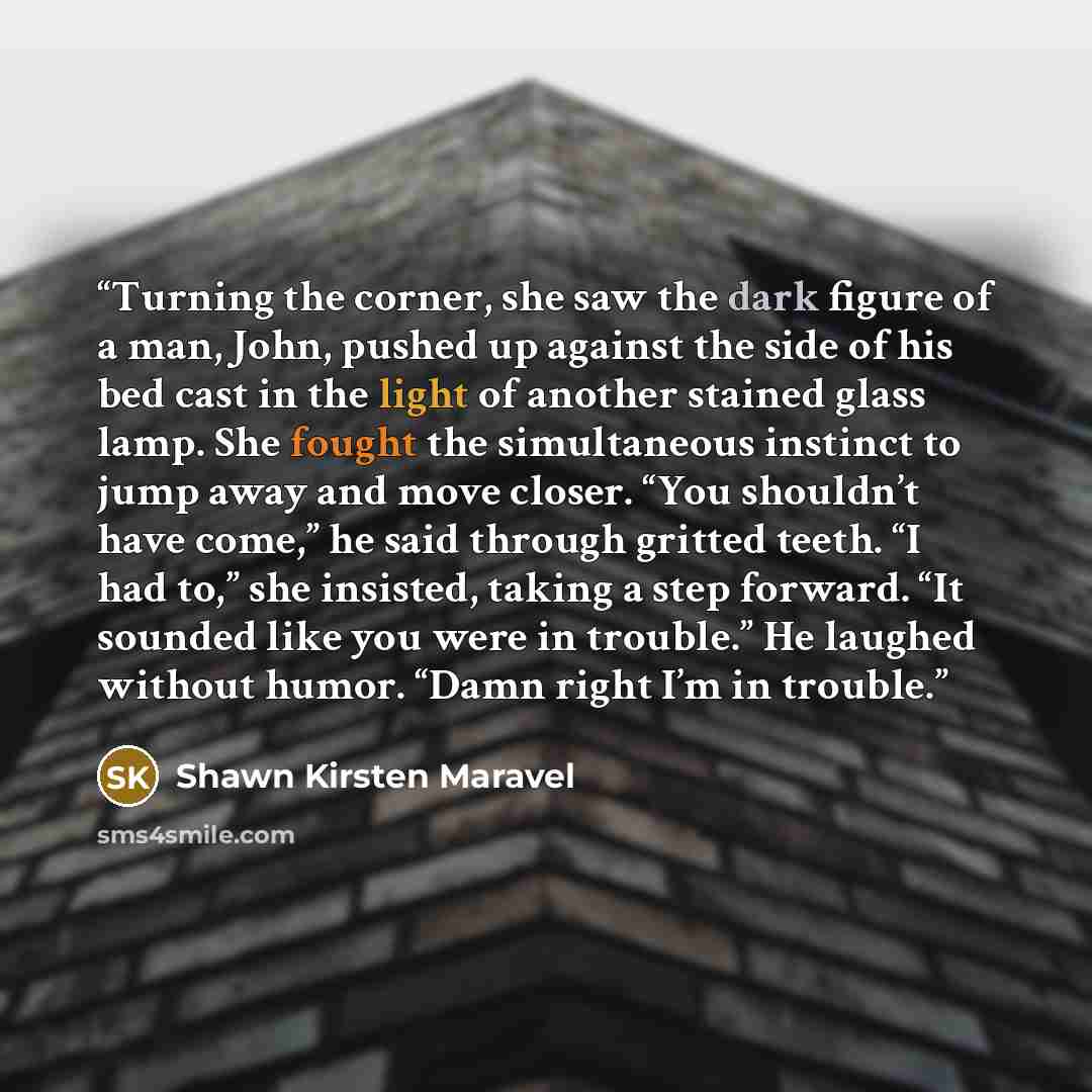 “Turning the corner, she saw the dark figure of a man, John, pushed up against the side of his bed cast in the light of another stained glass lamp. She fought the simultaneous instinct to jump away and move closer. “You shouldn’t have come,” he said through gritted teeth. “I had to,” she insisted…” quote by Shawn Kirsten Maravel
