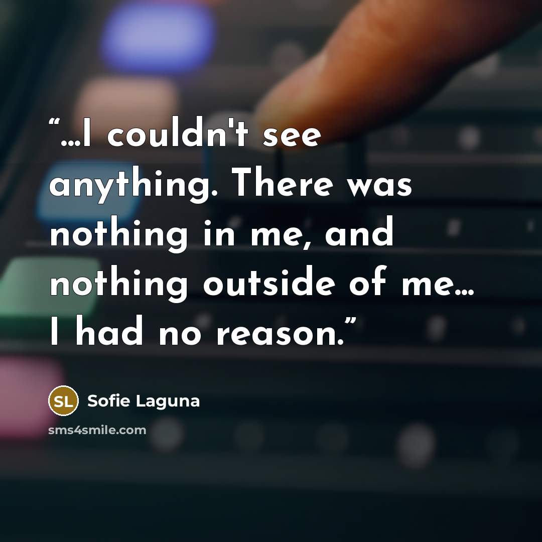 “...I couldn't see anything. There was nothing in me, and nothing outside of me... I had no reason.” quote by Sofie Laguna