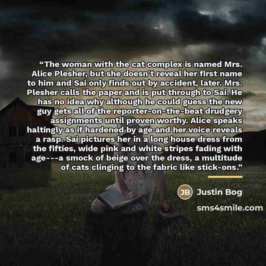 “The woman with the cat complex is named Mrs. Alice Plesher, but she doesn't reveal her first name to him and Sai only finds out by accident, later. Mrs. Plesher calls the paper and is put through to Sai. He has no idea why although he could guess the new guy gets all of the reporter-on-the-beat…” quote by Justin Bog
