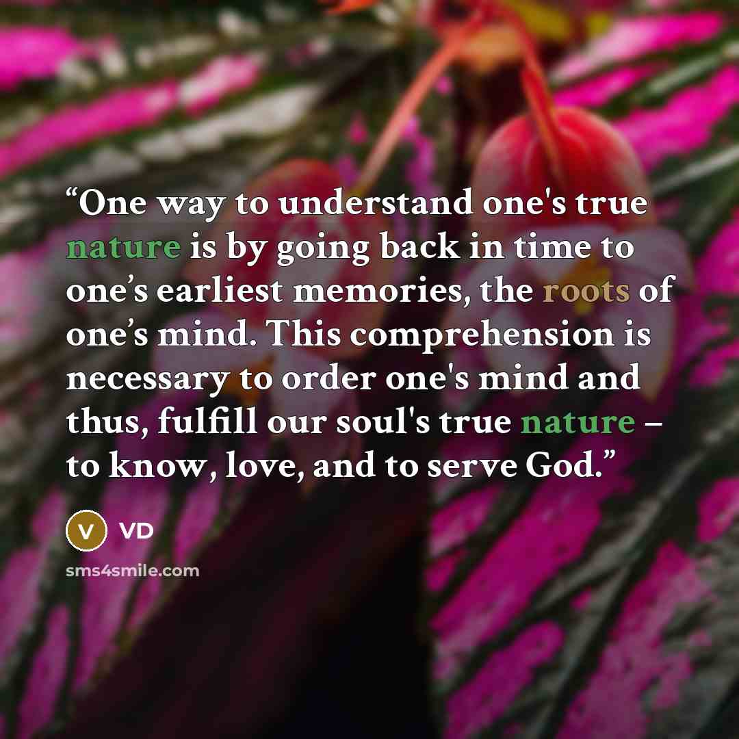 “One way to understand one's true nature is by going back in time to one’s earliest memories, the roots of one’s mind. This comprehension is necessary to order one's mind and thus, fulfill our soul's true nature – to know, love, and to serve God.” quote by VD