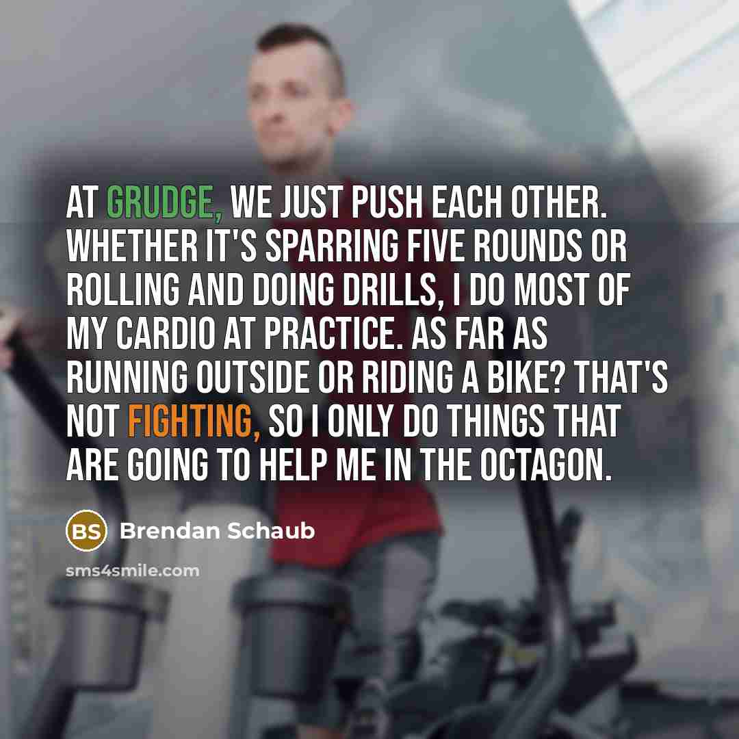 “At Grudge, we just push each other. Whether it's sparring five rounds or rolling and doing drills, I do most of my cardio at practice. As far as running outside or riding a bike? That's not fighting, so I only do things that are going to help me in the Octagon.” quote by Brendan Schaub