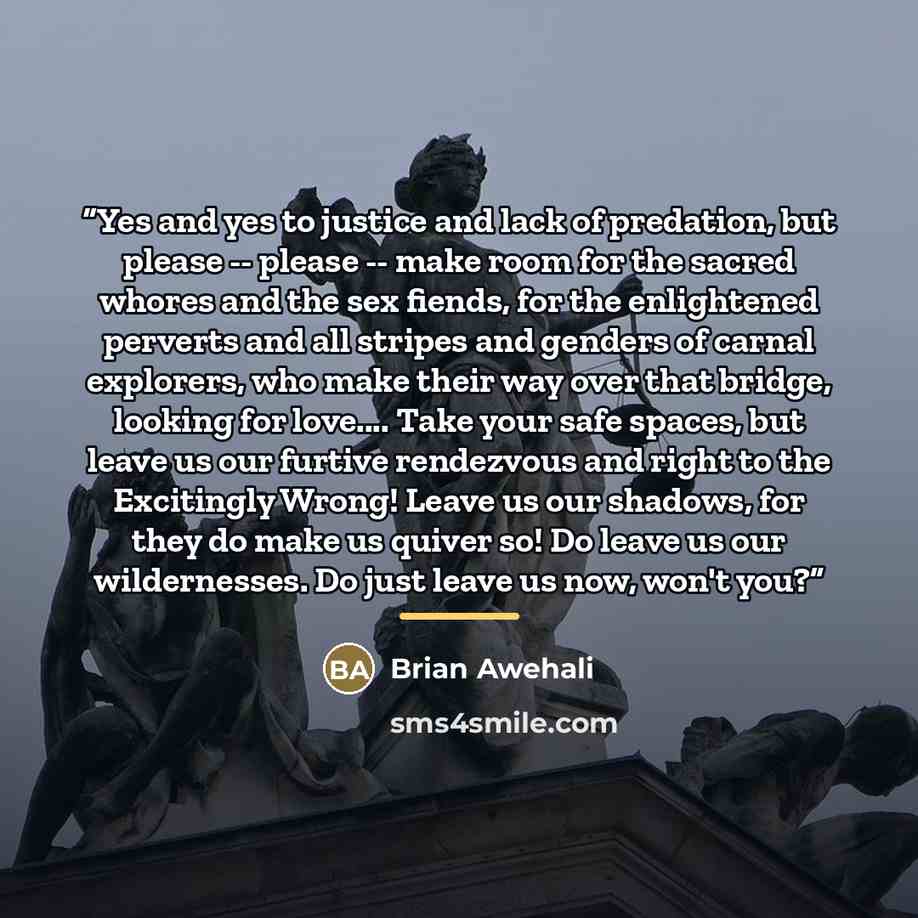 “Yes and yes to justice and lack of predation, but please -- please -- make room for the sacred whores and the sex fiends, for the enlightened perverts and all stripes and genders of carnal explorers, who make their way over that bridge, looking for love… Take your safe spaces, but leave us our…” quote by Brian Awehali