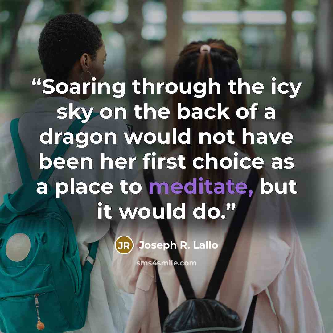 “Soaring through the icy sky on the back of a dragon would not have been her first choice as a place to meditate, but it would do.” quote by Joseph R. Lallo