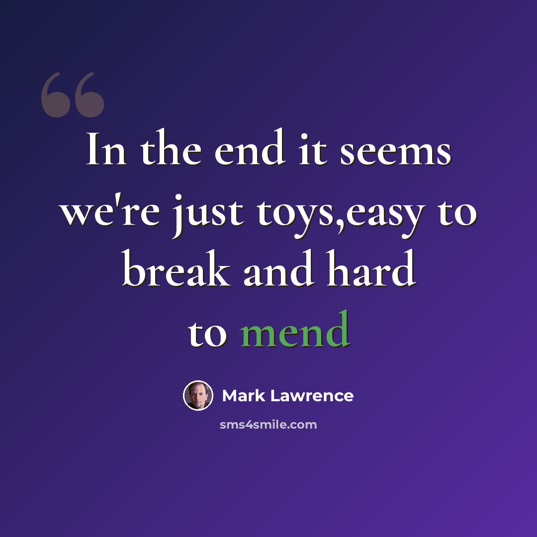 “In the end it seems we're just toys,easy to break and hard to mend” quote by Mark Lawrence