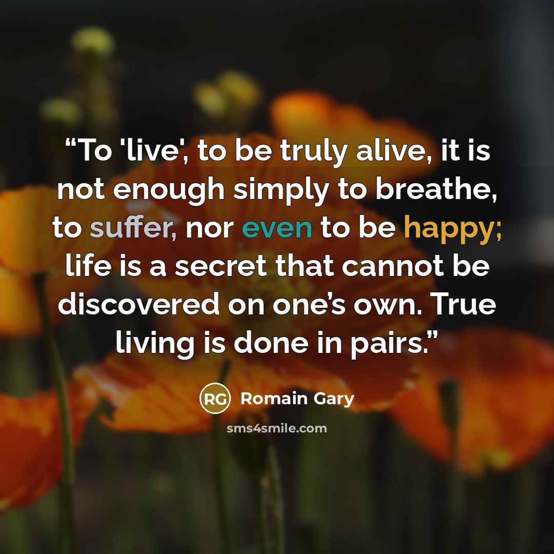 “To 'live', to be truly alive, it is not enough simply to breathe, to suffer, nor even to be happy; life is a secret that cannot be discovered on one’s own. True living is done in pairs.” quote by Romain Gary