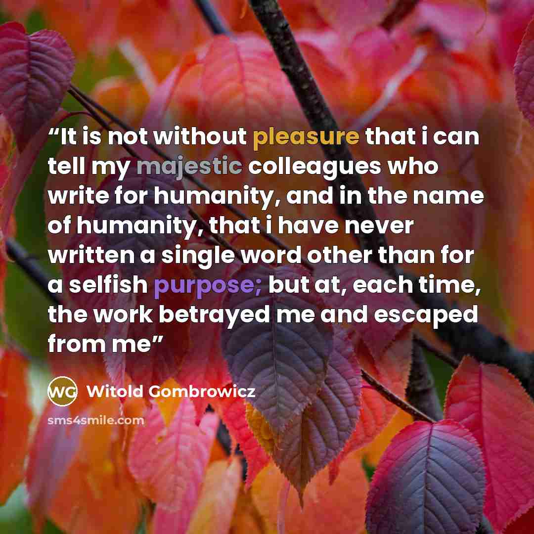 “It is not without pleasure that i can tell my majestic colleagues who write for humanity, and in the name of humanity, that i have never written a single word other than for a selfish purpose; but at, each time, the work betrayed me and escaped from me” quote by Witold Gombrowicz