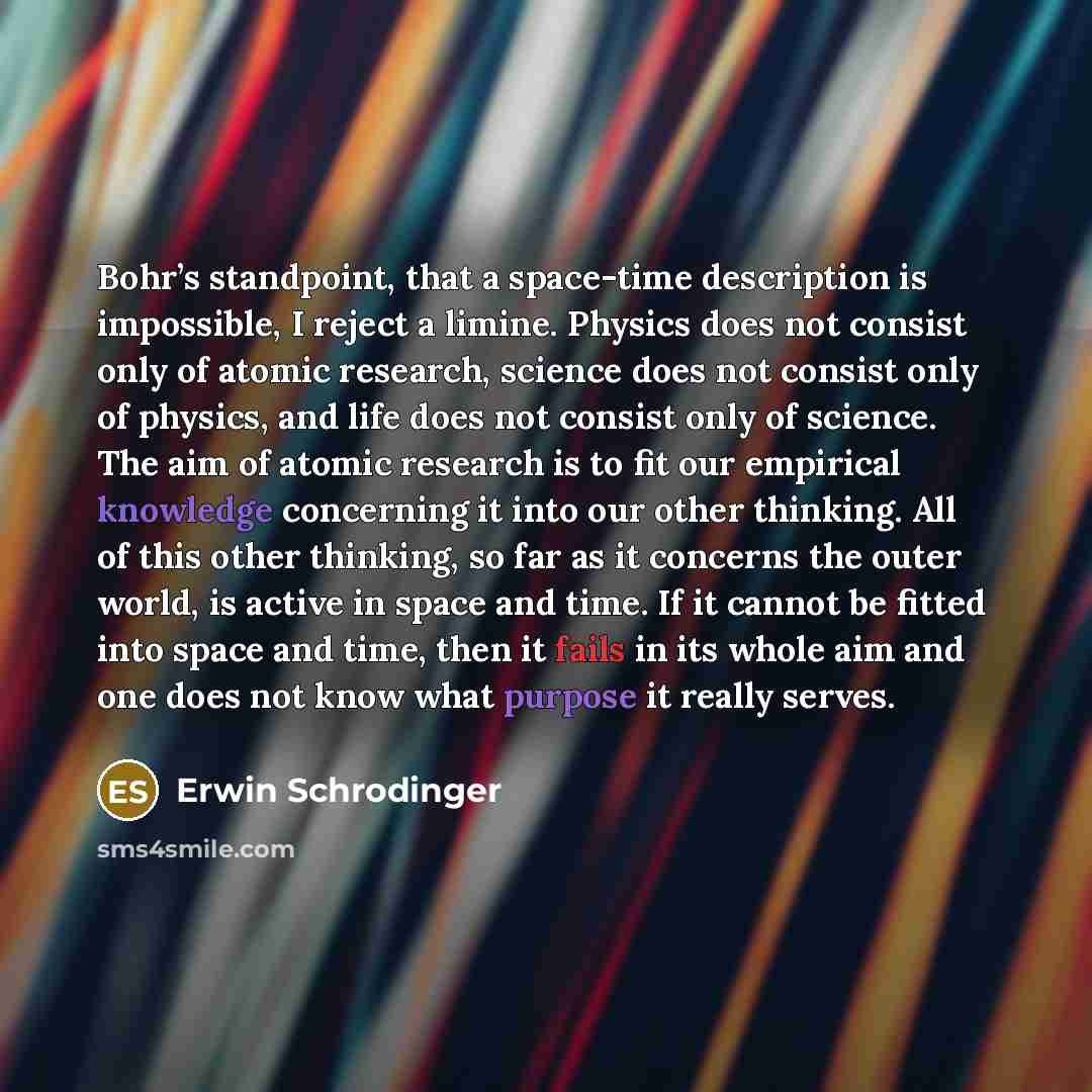 “Bohr’s standpoint, that a space-time description is impossible, I reject a limine. Physics does not consist only of atomic research, science does not consist only of physics, and life does not consist only of science. The aim of atomic research is to fit our empirical knowledge concerning it into…” quote by Erwin Schrodinger