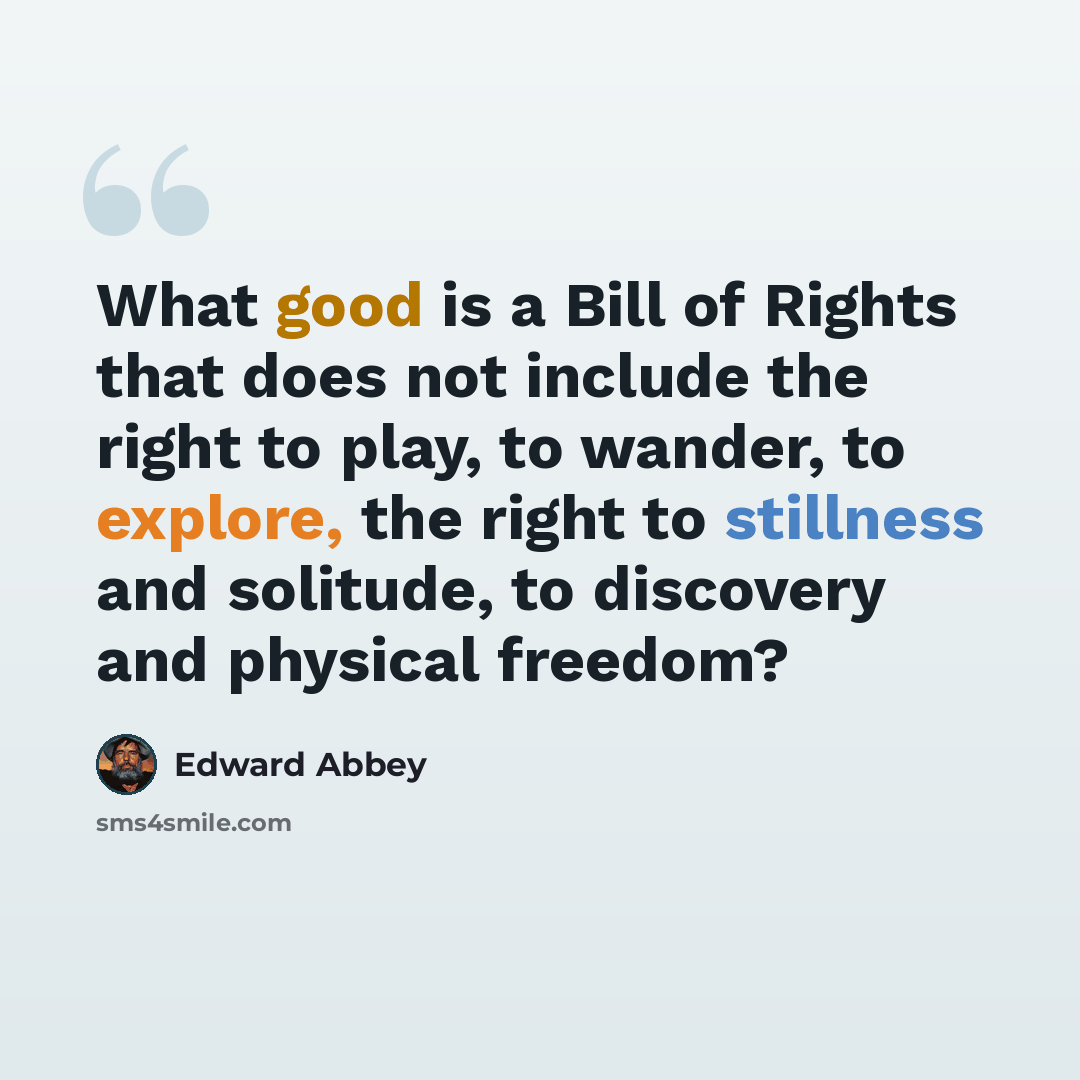 “What good is a Bill of Rights that does not include the right to play, to wander, to explore, the right to stillness and solitude, to discovery and physical freedom?” quote by Edward Abbey